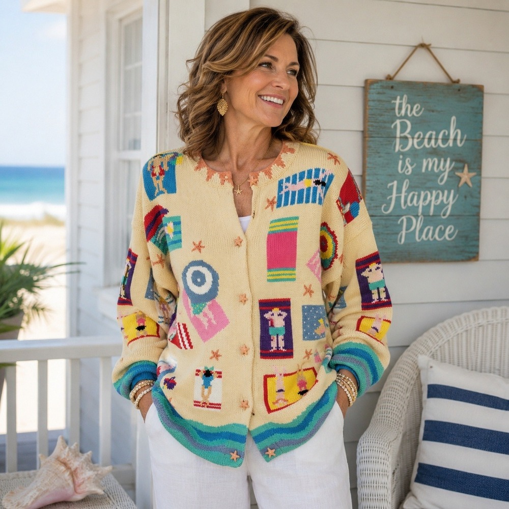 Vintage Christine Foley Cardigan Sweater Beach Scene Knit Women's Large Size 3